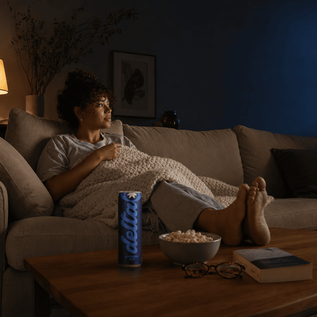 A person reclined on a deep sofa under a chunky cream knit throw blanket, dim TV-glow, single Bold Blueberry Acai can