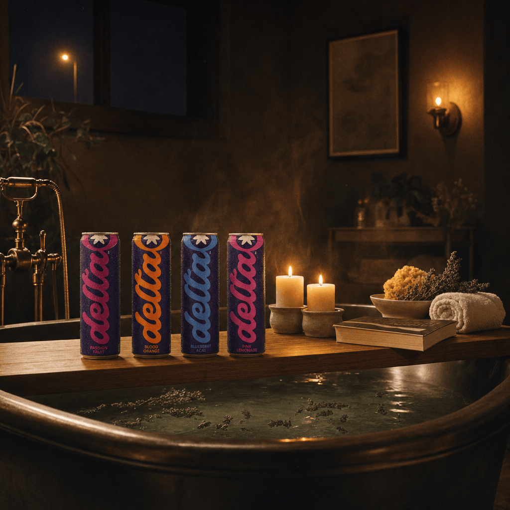 All four Delta 20mg flavors lined up on a wooden bath caddy stretched across a freestanding tub at night: lit candles, a folded washcloth, dim warm bathroom light.